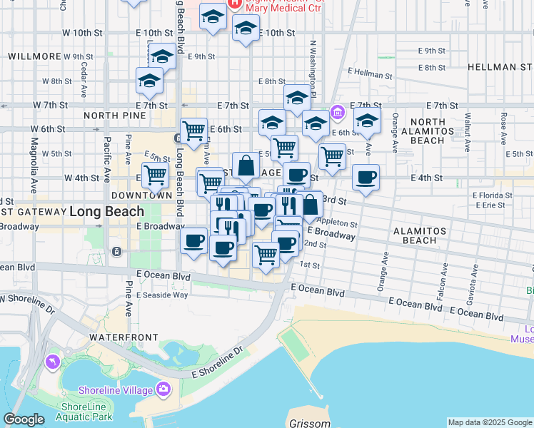 map of restaurants, bars, coffee shops, grocery stores, and more near 705 East Broadway in Long Beach