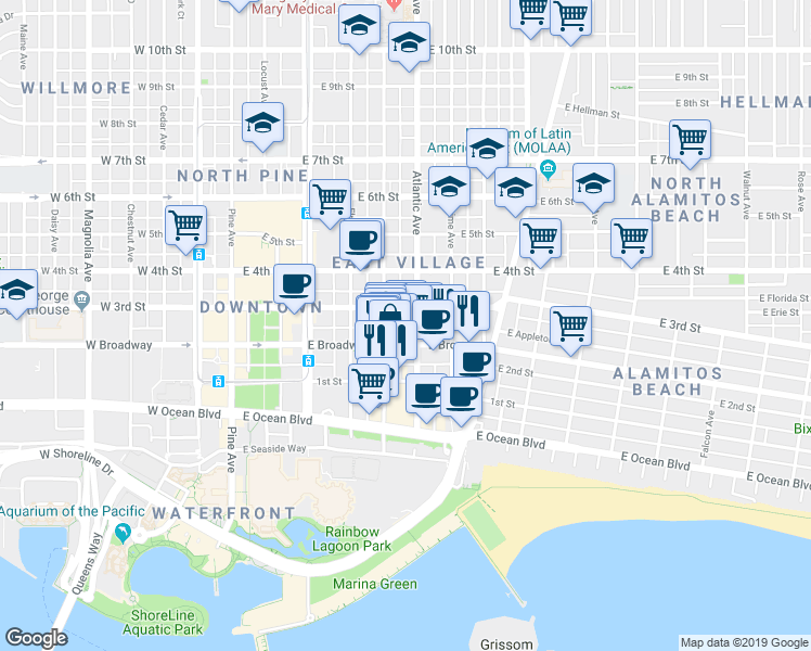 map of restaurants, bars, coffee shops, grocery stores, and more near in Long Beach