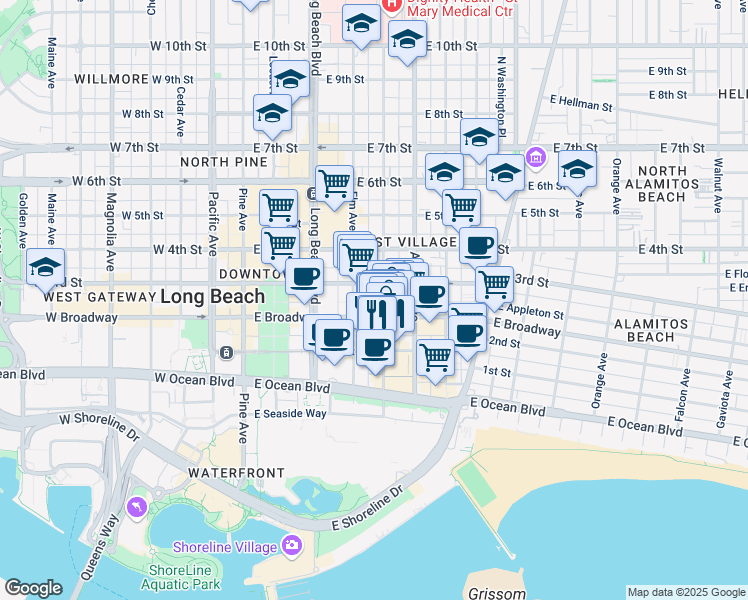 map of restaurants, bars, coffee shops, grocery stores, and more near 449 Linden Avenue in Long Beach