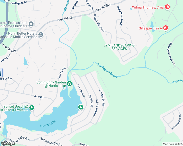 map of restaurants, bars, coffee shops, grocery stores, and more near Bradley Drive Southwest in Gwinnett County