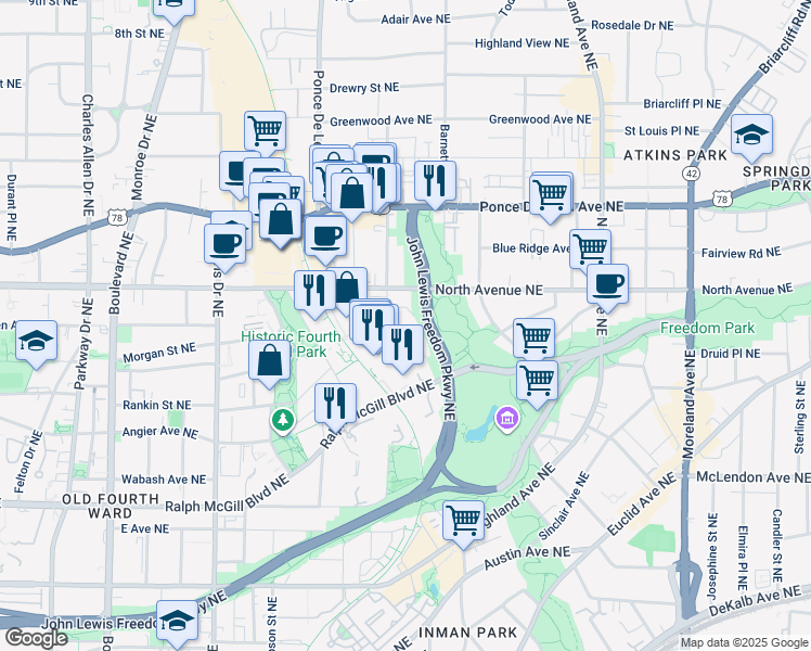 map of restaurants, bars, coffee shops, grocery stores, and more near 830 Belgrade Avenue Northeast in Atlanta