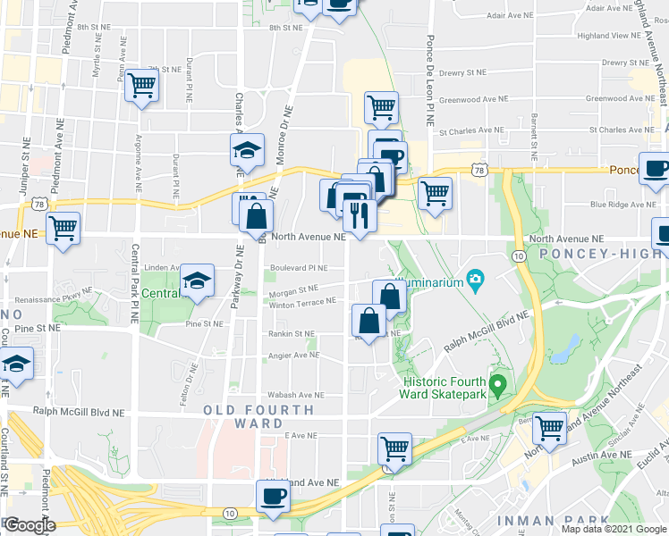 map of restaurants, bars, coffee shops, grocery stores, and more near 560 Morgan Street Northeast in Atlanta