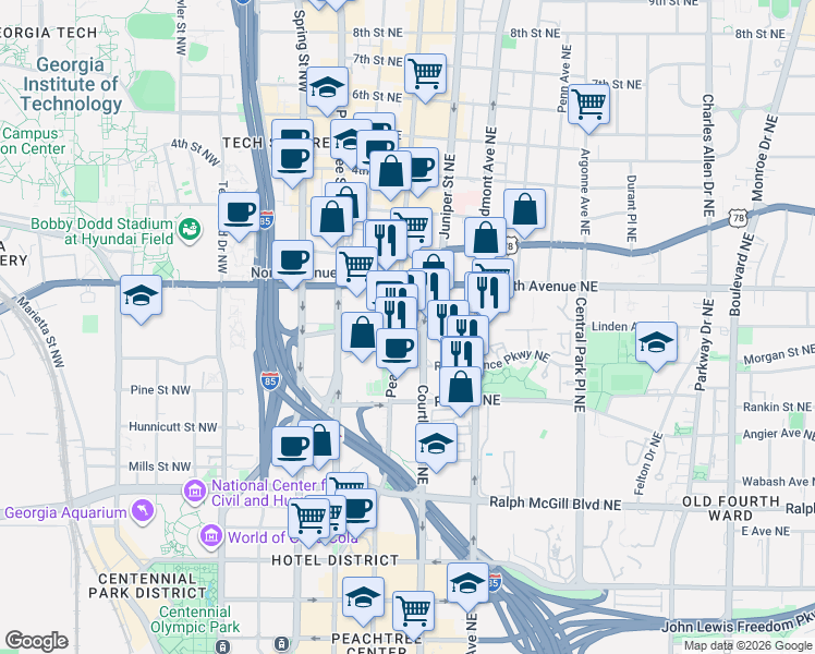 map of restaurants, bars, coffee shops, grocery stores, and more near 555 Courtland Street Northeast in Atlanta