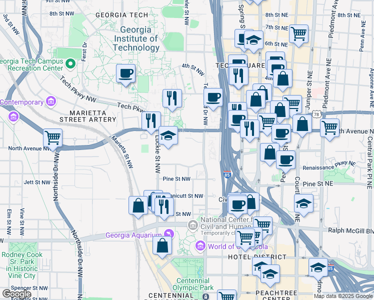 map of restaurants, bars, coffee shops, grocery stores, and more near 190 Centennial Way in Atlanta