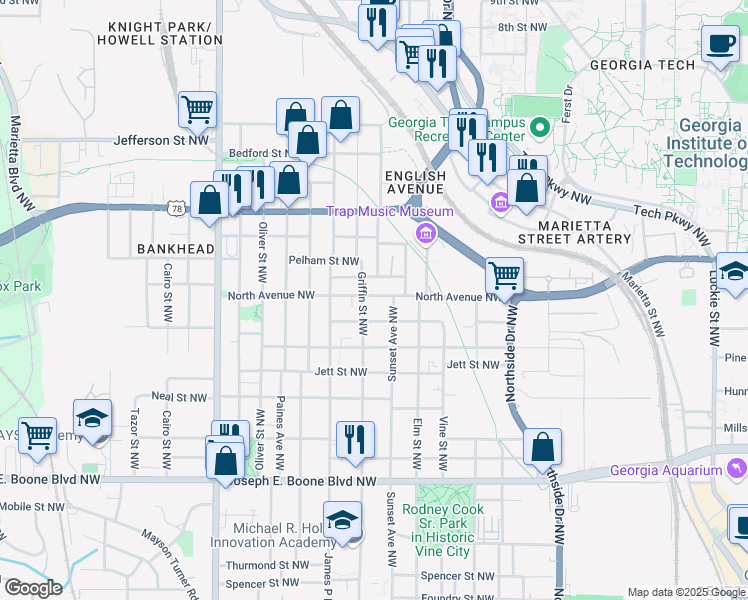 map of restaurants, bars, coffee shops, grocery stores, and more near 541 Griffin Street Northwest in Atlanta
