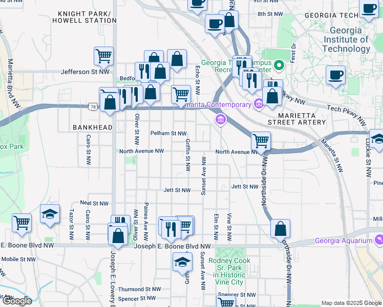 map of restaurants, bars, coffee shops, grocery stores, and more near 541 Griffin Street Northwest in Atlanta
