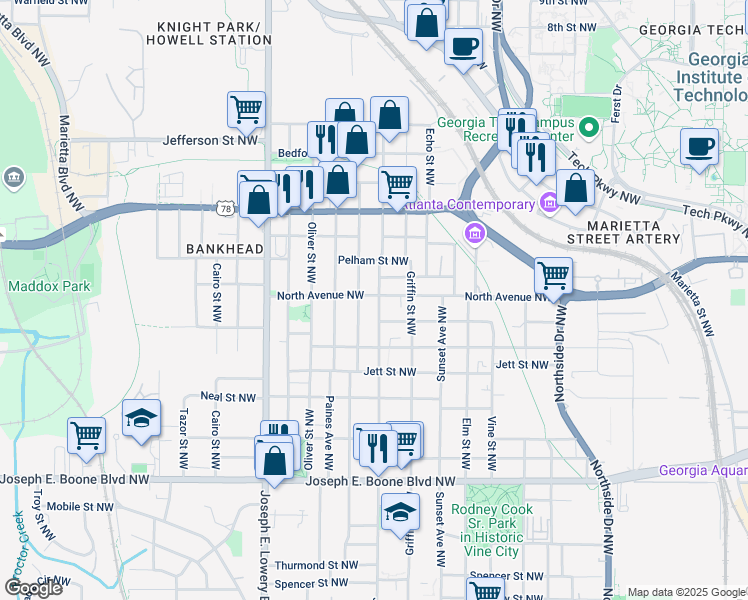 map of restaurants, bars, coffee shops, grocery stores, and more near 556 James P Brawley Drive Northwest in Atlanta