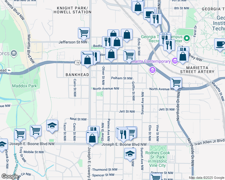 map of restaurants, bars, coffee shops, grocery stores, and more near 538 English Avenue Northwest in Atlanta