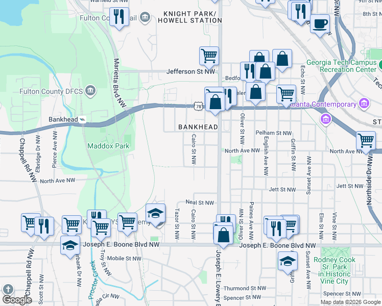 map of restaurants, bars, coffee shops, grocery stores, and more near 544 Cairo Street Northwest in Atlanta