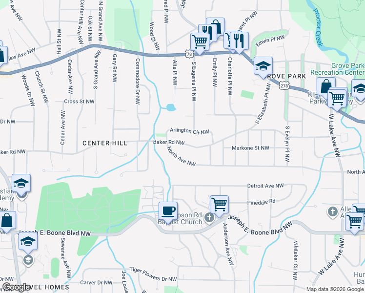 map of restaurants, bars, coffee shops, grocery stores, and more near 2044 Baker Road Northwest in Atlanta