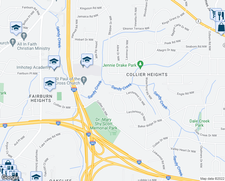 map of restaurants, bars, coffee shops, grocery stores, and more near 633 Larchmont Circle Northwest in Atlanta