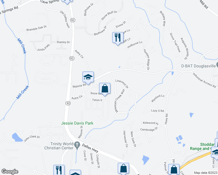 map of restaurants, bars, coffee shops, grocery stores, and more near 6526 Snowbird Lane in Douglasville