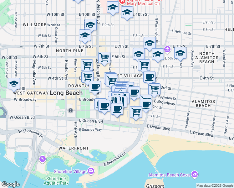 map of restaurants, bars, coffee shops, grocery stores, and more near 223 Linden Avenue in Long Beach