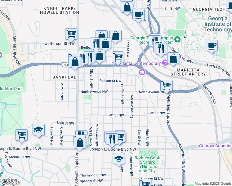map of restaurants, bars, coffee shops, grocery stores, and more near 754 North Avenue Northwest in Atlanta