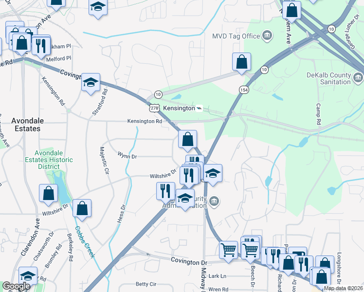 map of restaurants, bars, coffee shops, grocery stores, and more near 3407 Mountain Drive in Decatur