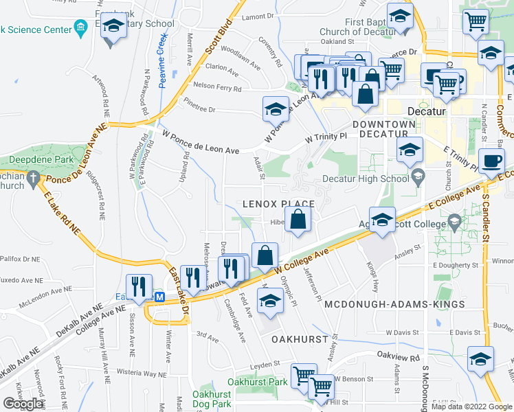 map of restaurants, bars, coffee shops, grocery stores, and more near Adair Ct in Decatur