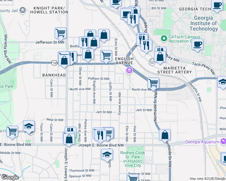 map of restaurants, bars, coffee shops, grocery stores, and more near 541 Griffin Street Northwest in Atlanta