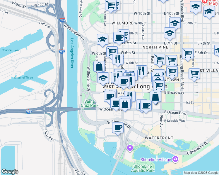 map of restaurants, bars, coffee shops, grocery stores, and more near in Long Beach