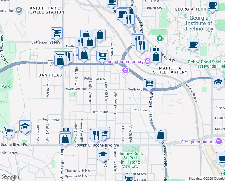 map of restaurants, bars, coffee shops, grocery stores, and more near 541 Griffin Street Northwest in Atlanta