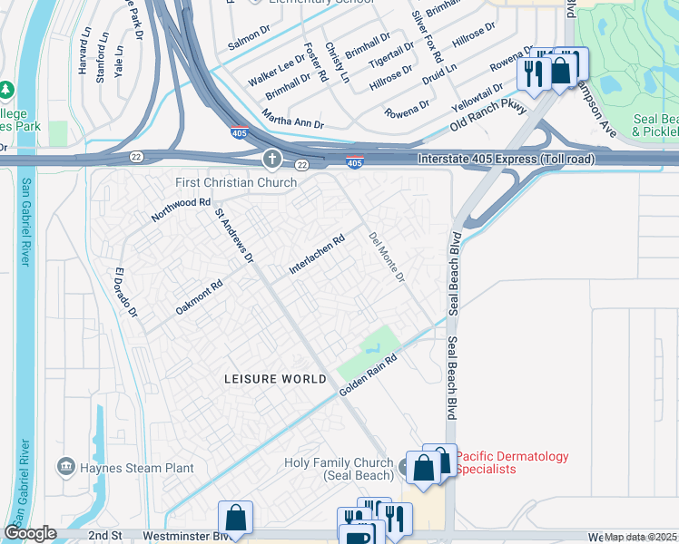 map of restaurants, bars, coffee shops, grocery stores, and more near 13341 Twin Hills Drive in Seal Beach