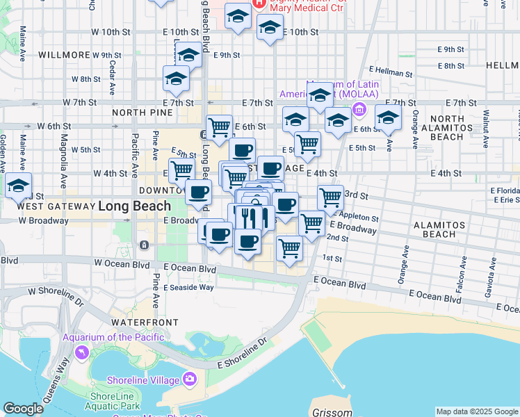 map of restaurants, bars, coffee shops, grocery stores, and more near 230 Linden Avenue in Long Beach