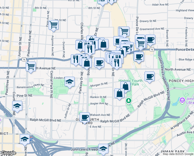 map of restaurants, bars, coffee shops, grocery stores, and more near 511 Boulevard Place Northeast in Atlanta