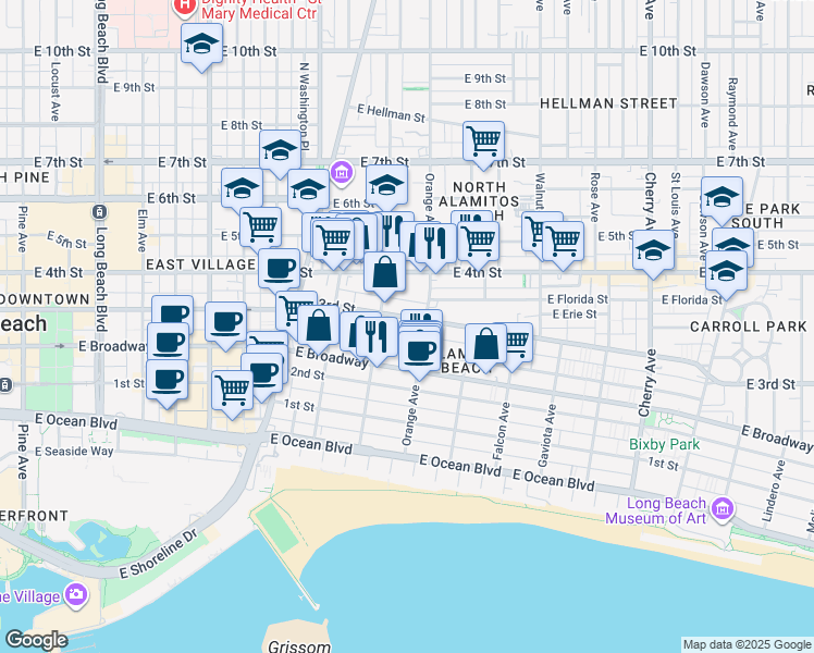map of restaurants, bars, coffee shops, grocery stores, and more near 1135 East Appleton Street in Long Beach