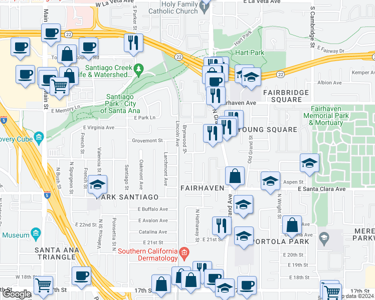 map of restaurants, bars, coffee shops, grocery stores, and more near 2413 Brynwood Street in Santa Ana
