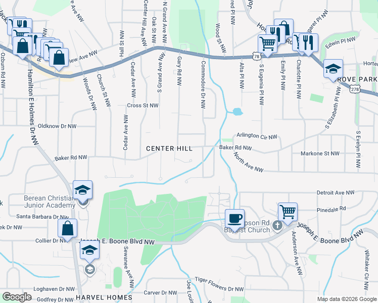 map of restaurants, bars, coffee shops, grocery stores, and more near 2237 Gary Court Northwest in Atlanta