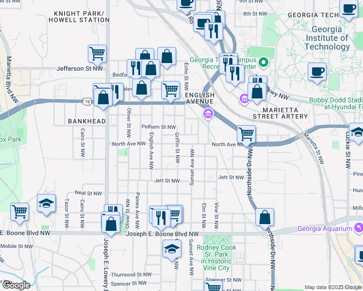 map of restaurants, bars, coffee shops, grocery stores, and more near 541 Griffin Street Northwest in Atlanta