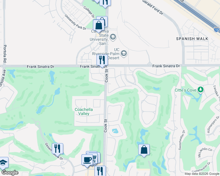 map of restaurants, bars, coffee shops, grocery stores, and more near 364 Oakmont Drive in Palm Desert