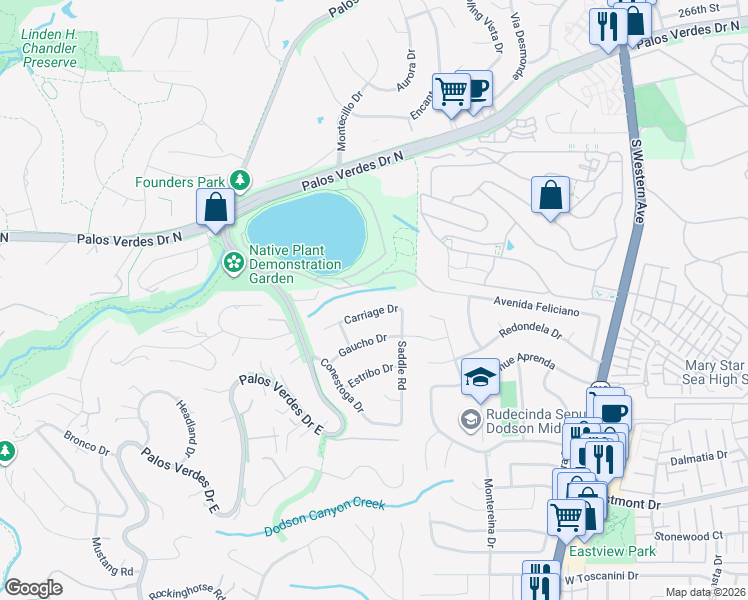 map of restaurants, bars, coffee shops, grocery stores, and more near 2234 Carriage Drive in Rolling Hills Estates