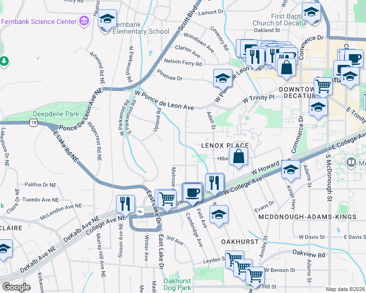 map of restaurants, bars, coffee shops, grocery stores, and more near 325 Drexel Avenue in Decatur