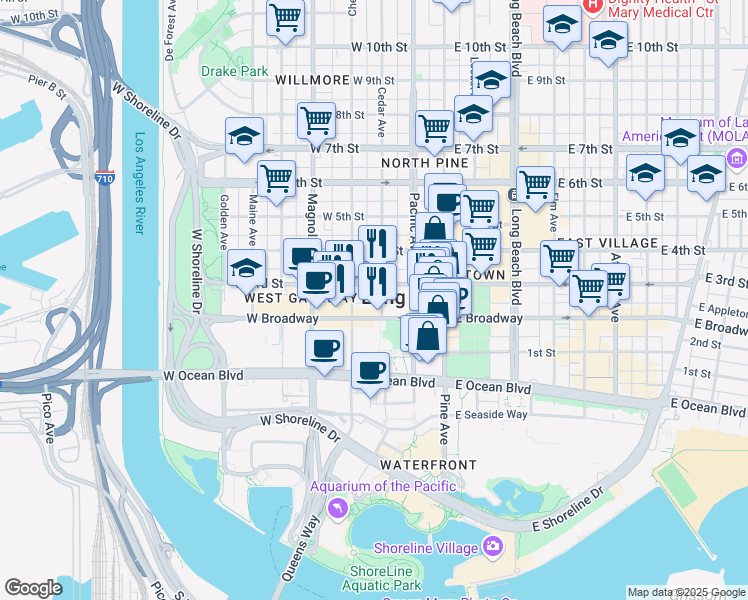map of restaurants, bars, coffee shops, grocery stores, and more near 241 Cedar Avenue in Long Beach