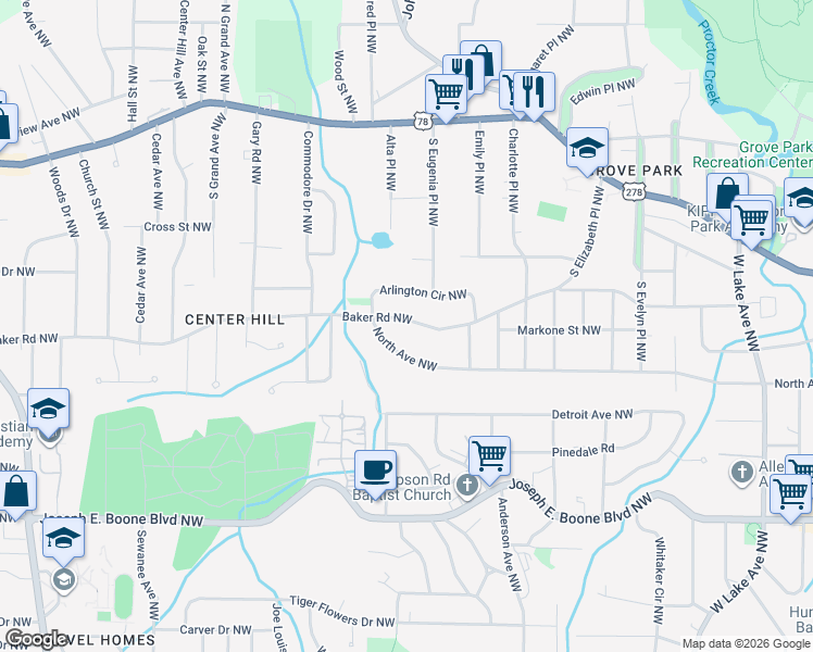 map of restaurants, bars, coffee shops, grocery stores, and more near 2044 Baker Road Northwest in Atlanta