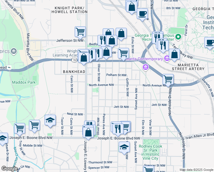 map of restaurants, bars, coffee shops, grocery stores, and more near 538 English Avenue Northwest in Atlanta