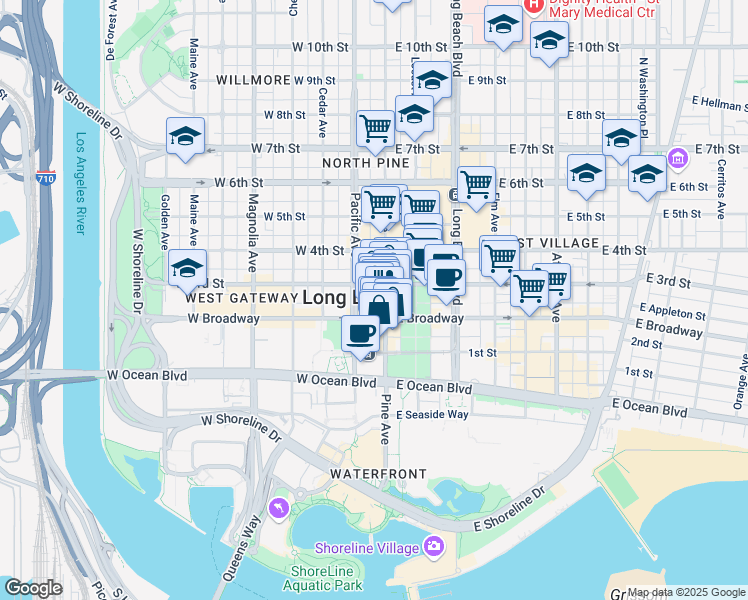map of restaurants, bars, coffee shops, grocery stores, and more near 245 Pine Avenue in Long Beach