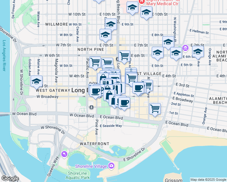 map of restaurants, bars, coffee shops, grocery stores, and more near 150 Long Beach Boulevard in Long Beach