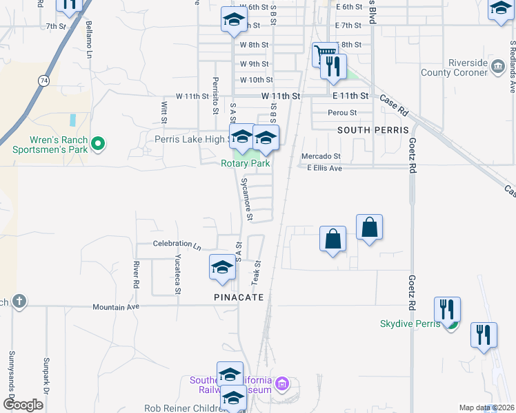 map of restaurants, bars, coffee shops, grocery stores, and more near 302 Red Spruce Place in Perris