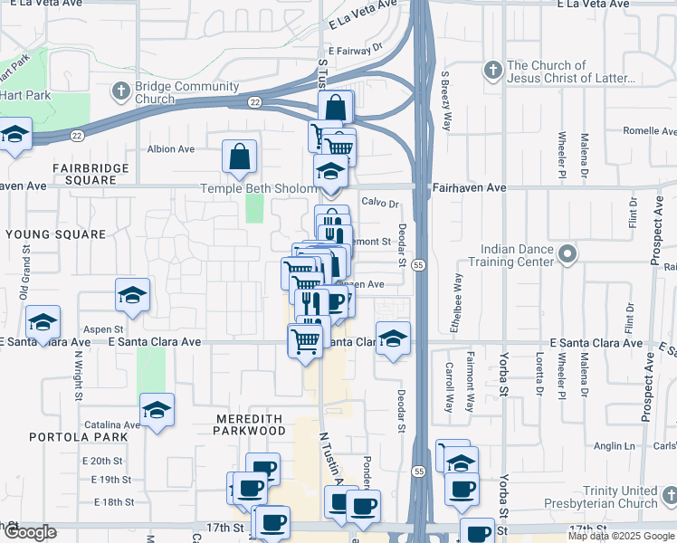 map of restaurants, bars, coffee shops, grocery stores, and more near 2429 North Tustin Avenue in Santa Ana