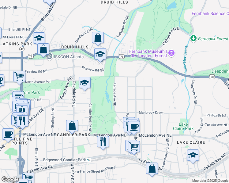 map of restaurants, bars, coffee shops, grocery stores, and more near Clifton Terrace Northeast in Atlanta