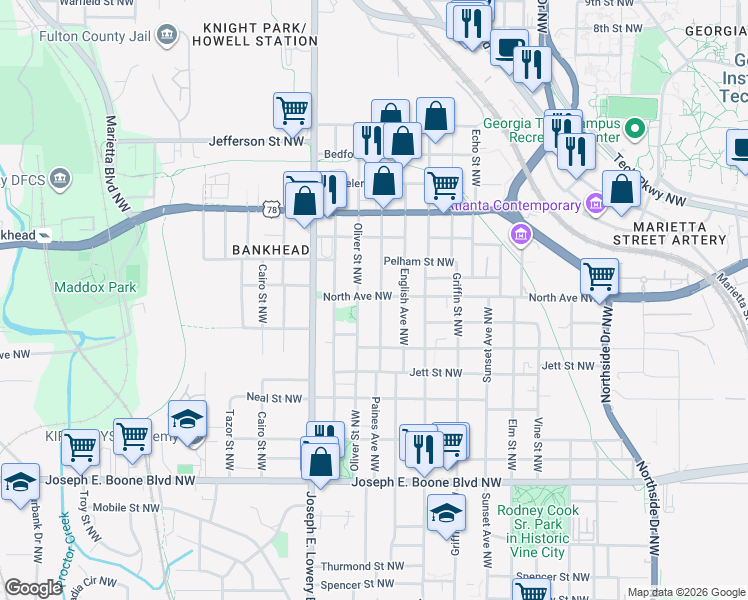 map of restaurants, bars, coffee shops, grocery stores, and more near 551 Oliver Street Northwest in Atlanta