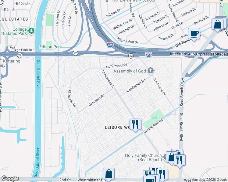 map of restaurants, bars, coffee shops, grocery stores, and more near 13301 Saint Andrews Drive in Seal Beach