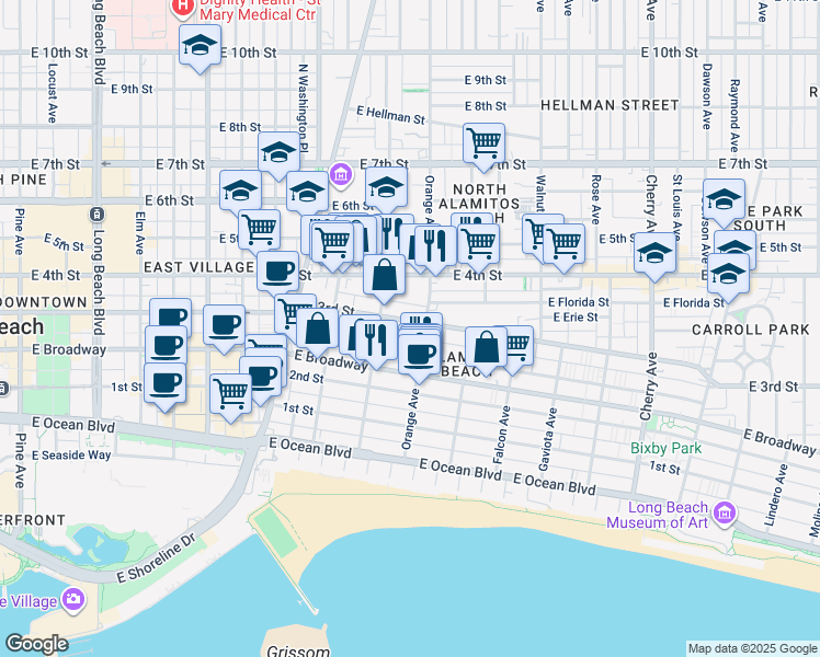map of restaurants, bars, coffee shops, grocery stores, and more near 1154 East 3rd Street in Long Beach