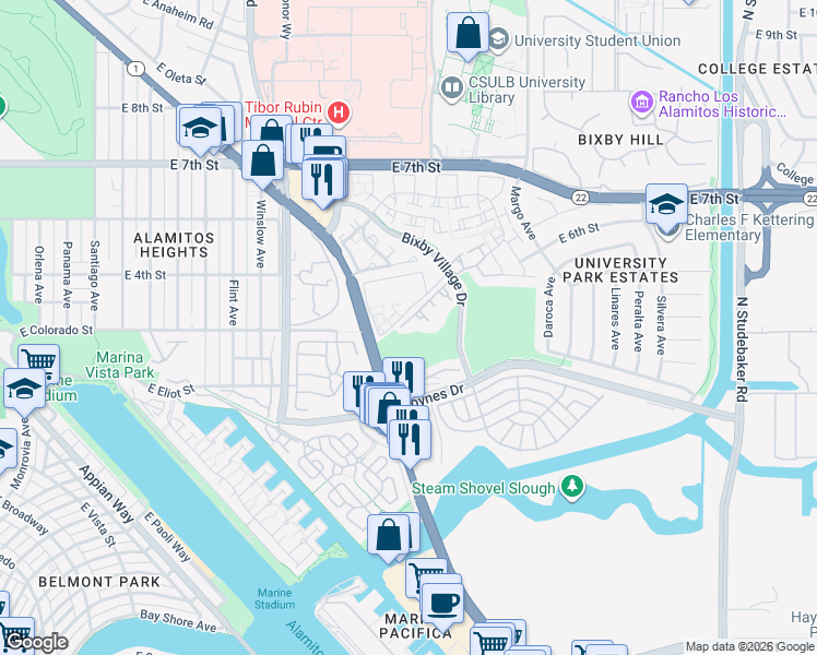 map of restaurants, bars, coffee shops, grocery stores, and more near 6000 Bixby Village Drive in Long Beach