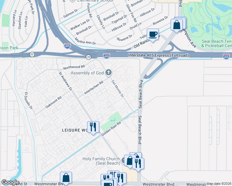 map of restaurants, bars, coffee shops, grocery stores, and more near 13271 Del Monte Drive in Seal Beach