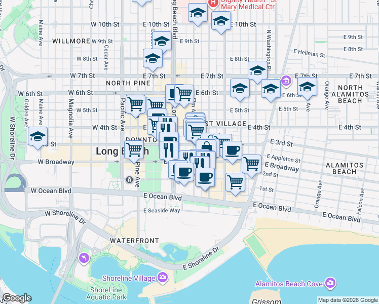 map of restaurants, bars, coffee shops, grocery stores, and more near 231 Elm Avenue in Long Beach