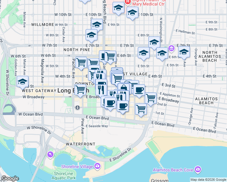 map of restaurants, bars, coffee shops, grocery stores, and more near 255 Elm Avenue in Long Beach