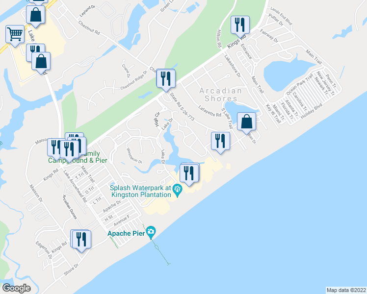 map of restaurants, bars, coffee shops, grocery stores, and more near 800 Canterbury Court in Myrtle Beach