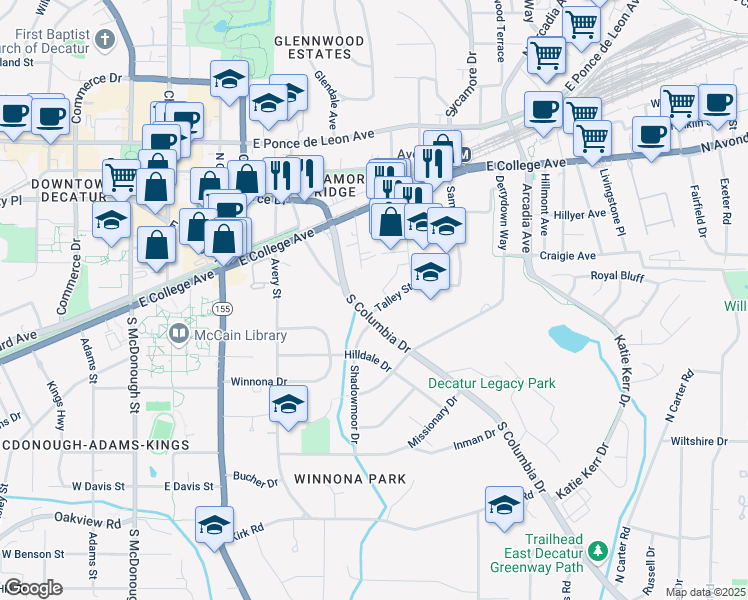 map of restaurants, bars, coffee shops, grocery stores, and more near in Decatur